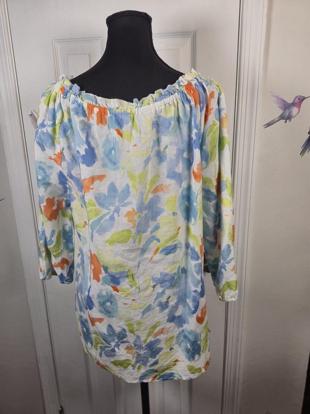 Hester & Orchard Floral Linen Blend Peasant Blouse XL Blue Orange Off Shoulder - Picture 6 of 7